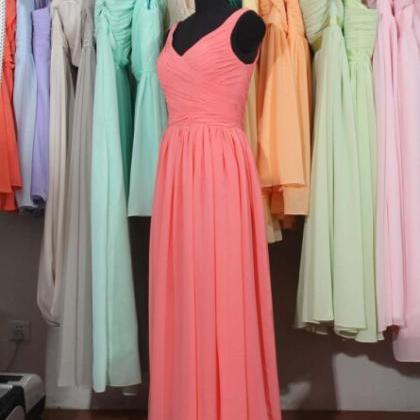 Coral Bridesmaid Dress, A-line V Neck Straps Long..