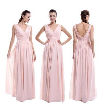 Pearl Pink V Neck V Back Bridesmaid Dress, A-line..