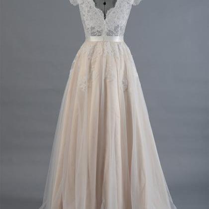 Cap Sleeve V-neck Tulle A-line Wedding Dress With..