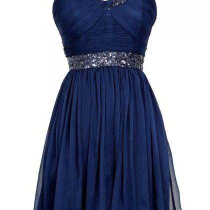 Navy Blue Short Chiffon Pleated Dress With Thick..
