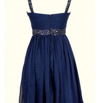 Navy Blue Short Chiffon Pleated Dress With Thick..