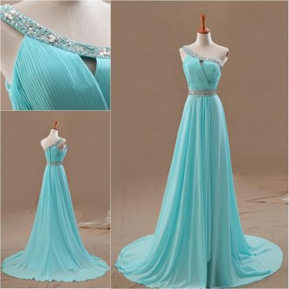 Blue Shoulder Hand-beaded Chiffon Prom Dress,..