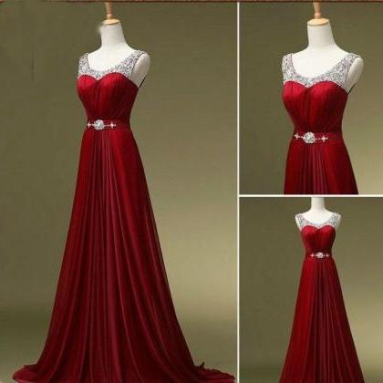 Dark Red Chiffon Evening Dress, Sparkling Sexy..