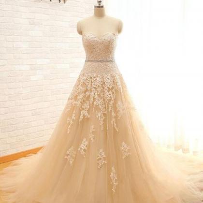 Champagne Lace Applique Prom Dress, Elegant..