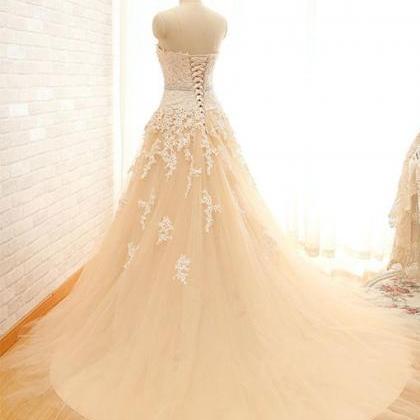 Champagne Lace Applique Prom Dress, Elegant..