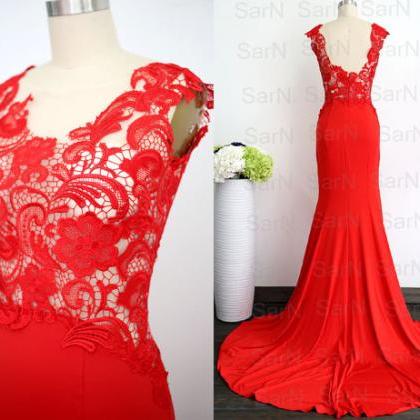 Red Lace Prom Dress, Red Jersey Evening Gown, Lace..