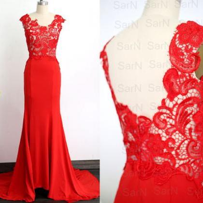 Red Lace Prom Dress, Red Jersey Evening Gown, Lace..