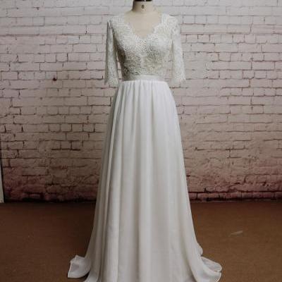 Backless Wedding Dress, Sexy Wedding Dress, Lace Chiffon Wedding Bridal Dress with Waistband, V-neck, 3/4 sleeves Wedding dress