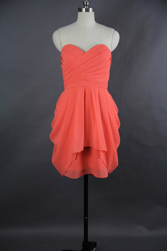 Coral Bridesmaid Dress, A-line Sweetheart Short Bridesmaid Dress, Chiffon Bridesmaid Dress