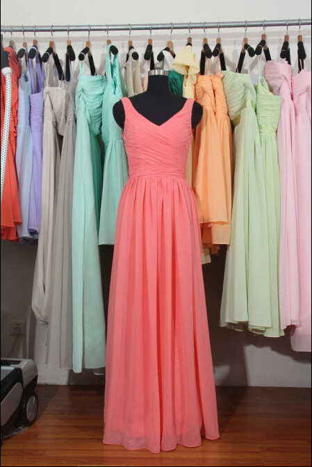Coral Bridesmaid Dress, A-line V Neck Straps Long Chiffon Bridesmaid Dress, Bridesmaid Dress