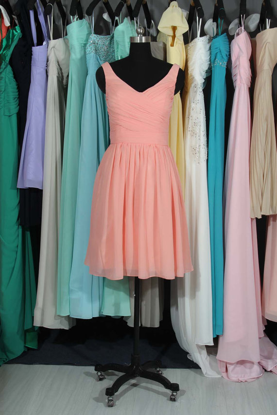 Coral Straps Bridesmaid Dress, Custom Made Chiffon Knee Length Bridesmaid Dress, Bridesmaid Dress