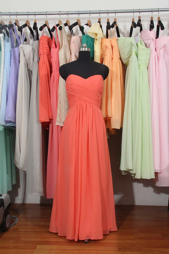 Coral Chiffon Ruched Sweetheart Floor Length A-line Bridesmaid Dress