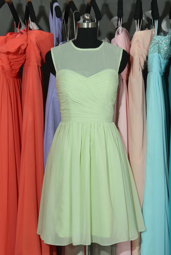 Custom Made Light Green Illusion Neckline Chiffon Knee Length Bridesmaid Dress