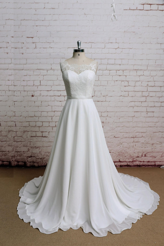 Elegant Lace Covered Back Wedding Dress, Sexy Wedding Dress, Lace Chiffon Wedding Bridal Dress With Waistband