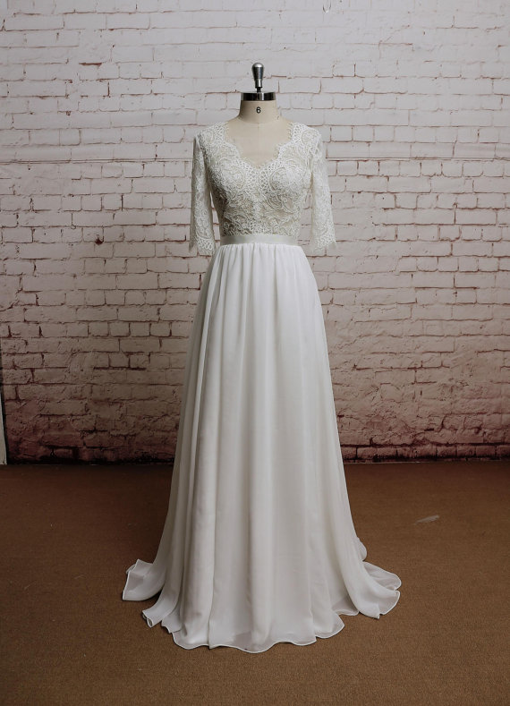 V-neck Lace Chiffon A-line Wedding Dress With 3/4 Sleeves And Sheer Back