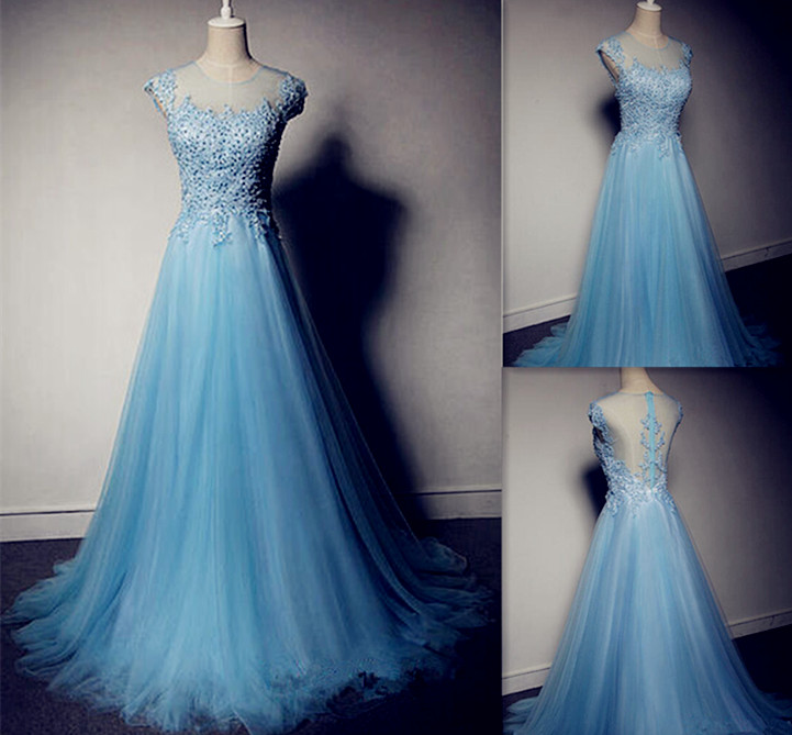 2015 A-line Tulle O-neck Prom Dresses, The Charming Appliques Floor-length Evening Dresses, Prom Dresses, Real Made Prom Dresses ,