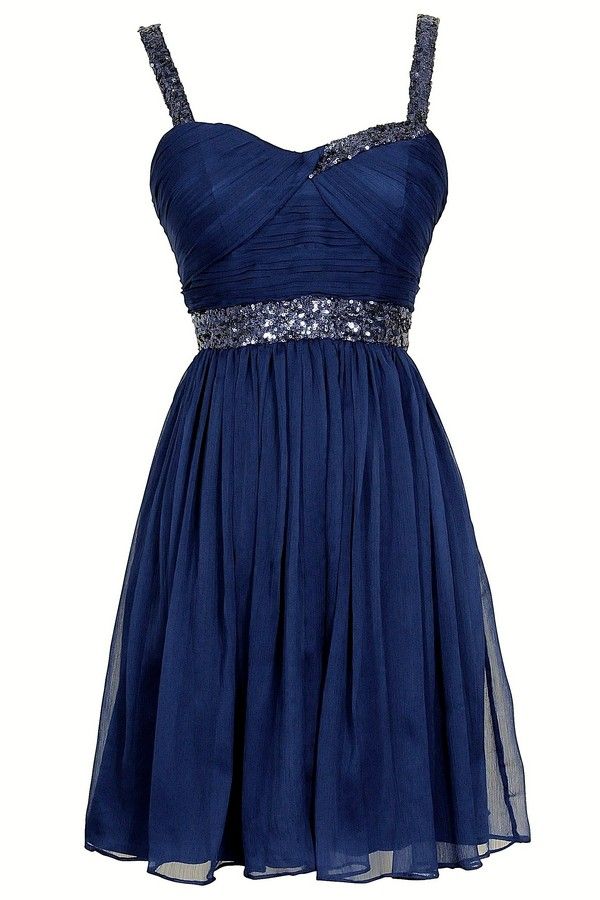 Navy Blue Short Chiffon Pleated Dress With Thick Straps Ruched Sequined Sweetheart Bodice - Graduation, Homecoming Dress