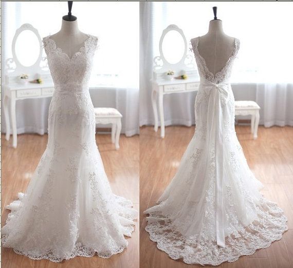 2015 Wedding Dress, White Ivory Lace Applique Wedding Dress, Sexy Deep V-neck Halter Wedding Dress, Bow Wedding Dress, Custom Wedding Dress