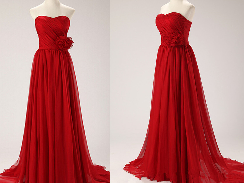 Exquisite Sexy Red Sweetheart Chiffon Prom Dresses, Red Prom Dresses 2015, Bridesmaid Dresses, Evening Dresses
