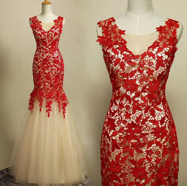 Sexy Red Lace Long Prom Dresses, Elegant Mermaid Lace Applique Dress, Sleeveless V-neck Lace Floor Length Prom Dresses, Prom Dresses Custom