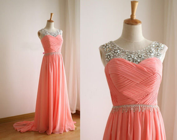 Hand-beaded Peach Chiffon Tee A Line Floor Length Prom Dress, Coral Chiffon Prom Dresses, Prom Dresses 2015, Evening Dress, Gown