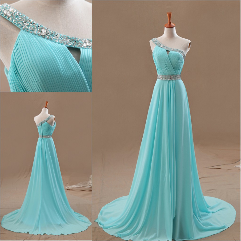 Blue Shoulder Hand-beaded Chiffon Prom Dress, Bridesmaid Dress Custom, Elegant Dress, A-line Prom Dress, Custom Colors