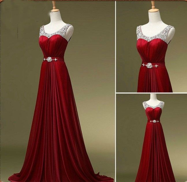Dark Red Chiffon Evening Dress, Sparkling Sexy Prom Dress, Round Neck Chiffon Hand-beaded Ball Gown, Strap Formal Dress