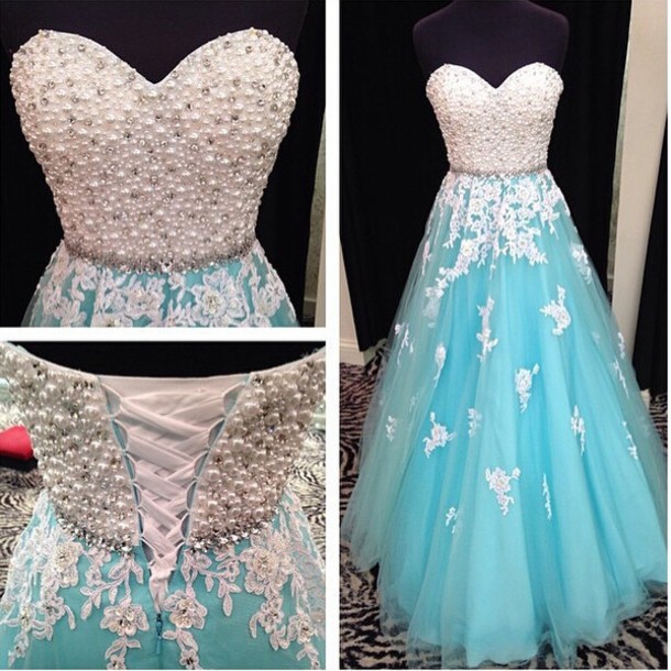 Elegant Light Blue Long Prom Dresses, A-line Prom Dresses, Formal Dresses, Dresses For Prom, Floor-length Prom Dresses, Pearl Prom Dresses