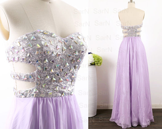 2015 Lavender Long Prom Dresses, Custom Lilac Strapless Sequin And Chiffon Long Formal Gown, Strapless Sweetheart Lavender Long Prom Gown