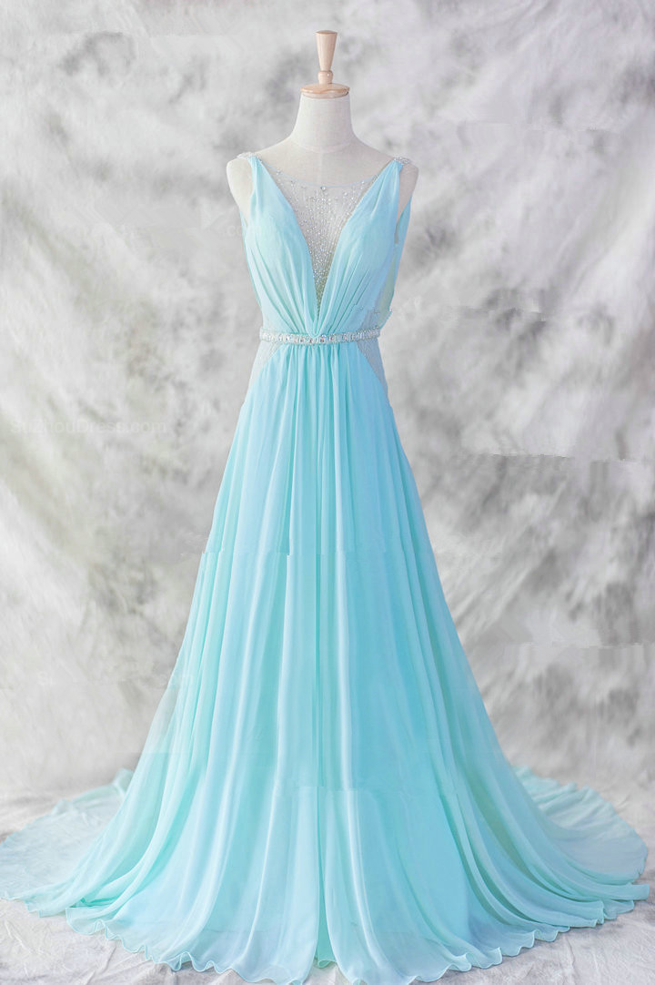Blue Pretty Baby Blue Chiffon Floor Length V-neckline Prom Gown 2015, Baby Blue Evening Dresses 2015, Blue Formal Dresses, Formal Dresses