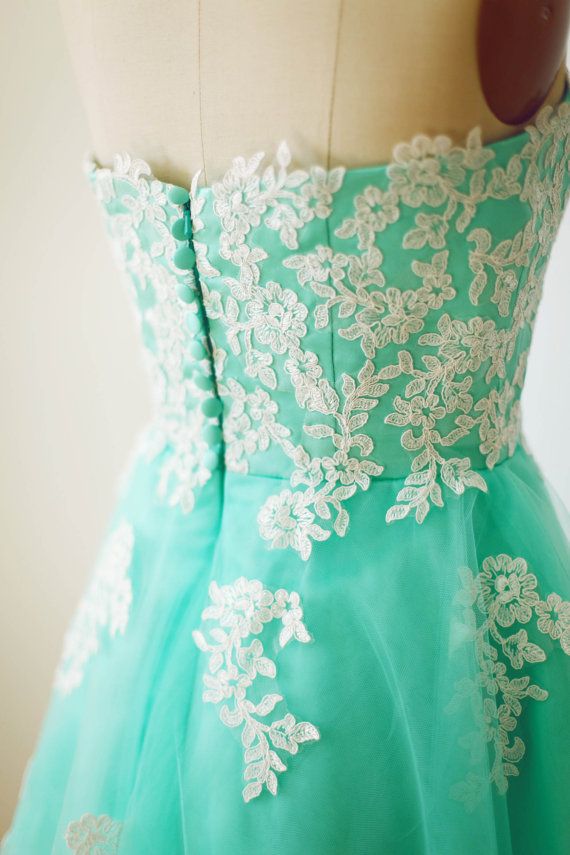 Blue Pretty Handmade Turquoise Tulle Tea Length Prom Dress With White Applique, Turquoise Prom Dresses, Homecoming Dresses 2015, Graduation