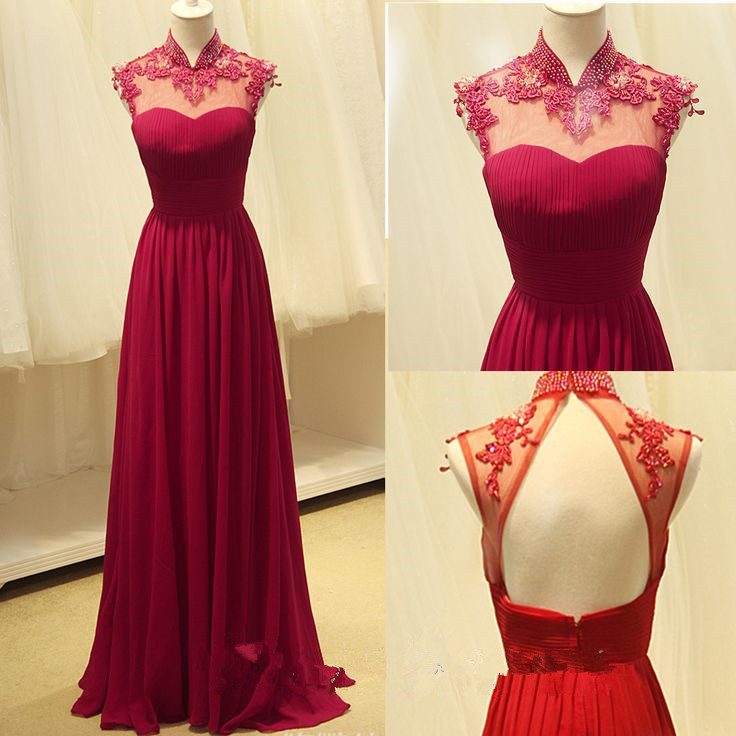 High Quality Handmade Lace Chiffon A-line Floor Length Red Roses Halter Prom Dresses 2015 Prom Dresses 2015 Long, Prom Dresses, Gowns