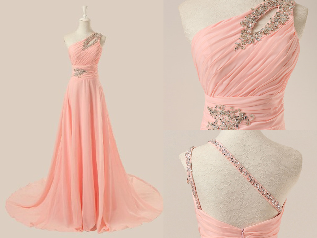 Elegant Shoulder Beaded Pink Prom Dress 2016 Elegant Chiffon Prom Dresses 2016 Bridesmaid Dresses, Dresses 2016